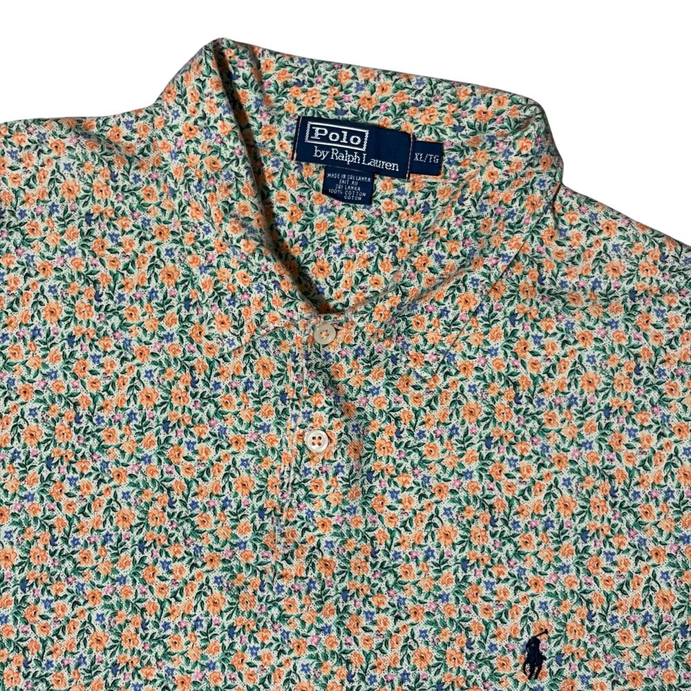 Vintage Ralph Lauren Polo Shirt Mens XL Orange Micro Floral Print 100% Cotton